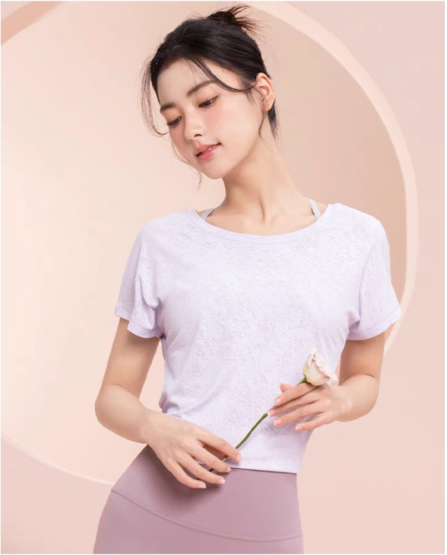 Womens Lace Short Sleeve T-Shirt Casual Round Neck Yoga Top
